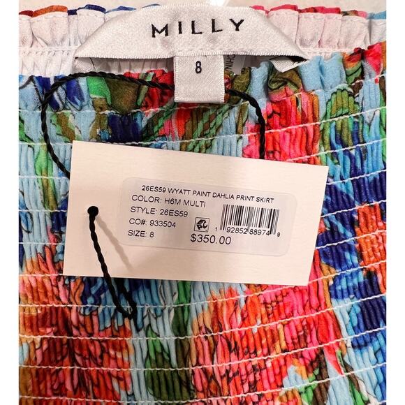 MILLY Wyatt Paint Dalia Print Elastic Waist Pull OnSkirt Blue Red Smocking Sz 8 - Picture 4 of 7
